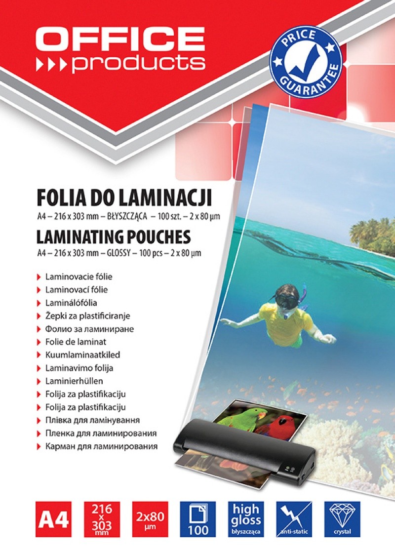 LAMINATING POUCHES OFFICE PRODUCTS A4 216X303 MM GLOSSY 100PCS 2X80MIC