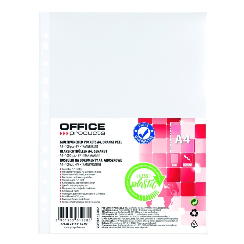 MULTIPUNCH POCKETS ORANGE PEEL, OFFICE PRODUCTS, PP, A4, 100PCS TRANS /21141115-90