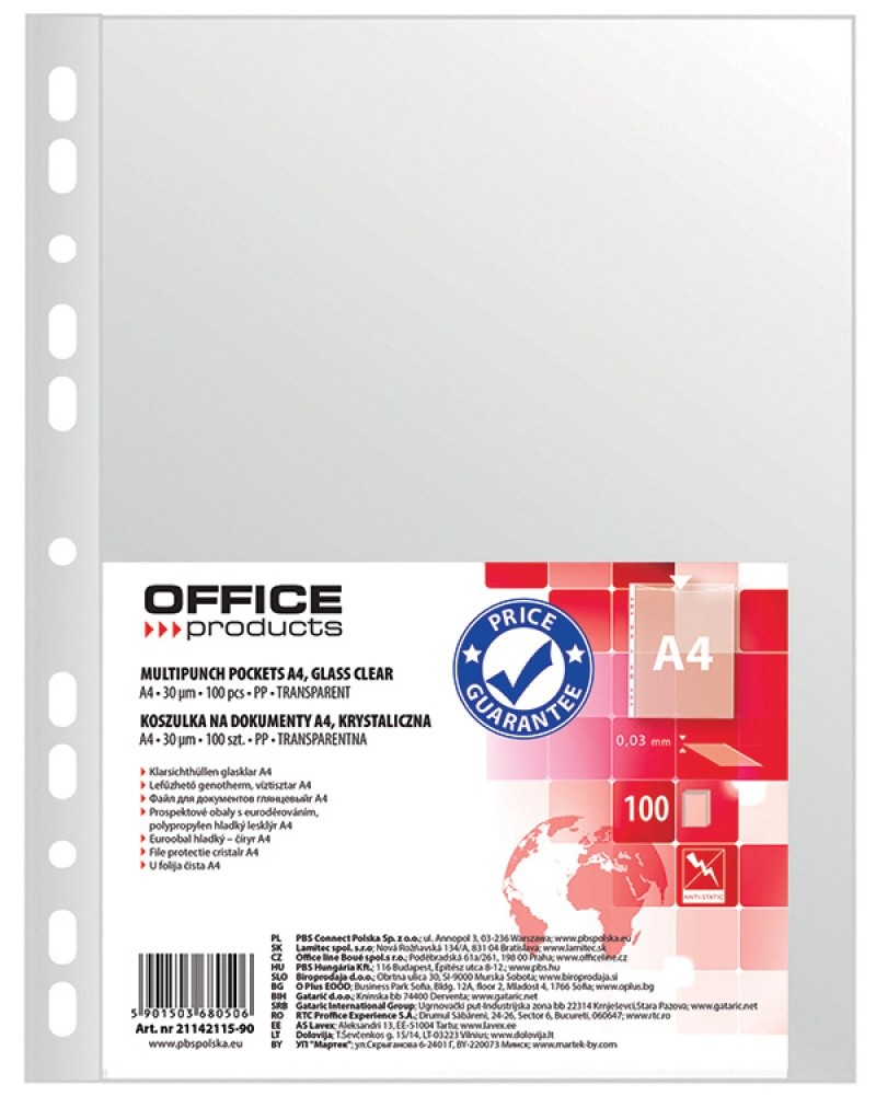 MULTIPUNCH POCKETS GLASS CLEAR, OFFICE PRODUCTS, PP, A4, 30 UM, 100PCS, TRANSPARENT