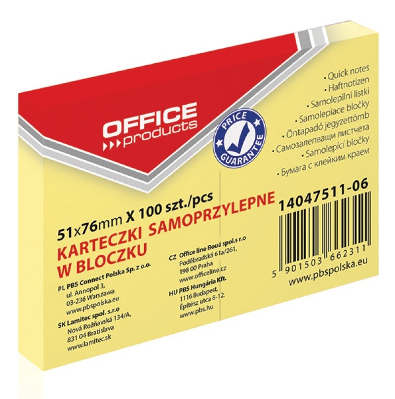 SELF STICKY NOTES, OFFICE PRODUCTS, 51X76, 100, PASTEL YELLOW