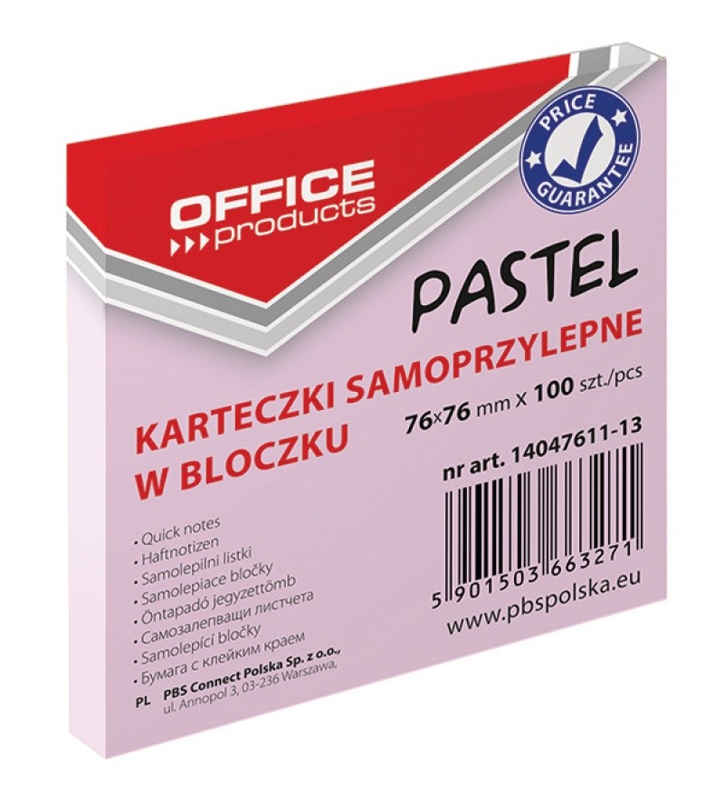 SELF STICKY NOTES, OFFICE PRODUCTS, 76X76, 100, PASTEL PINK