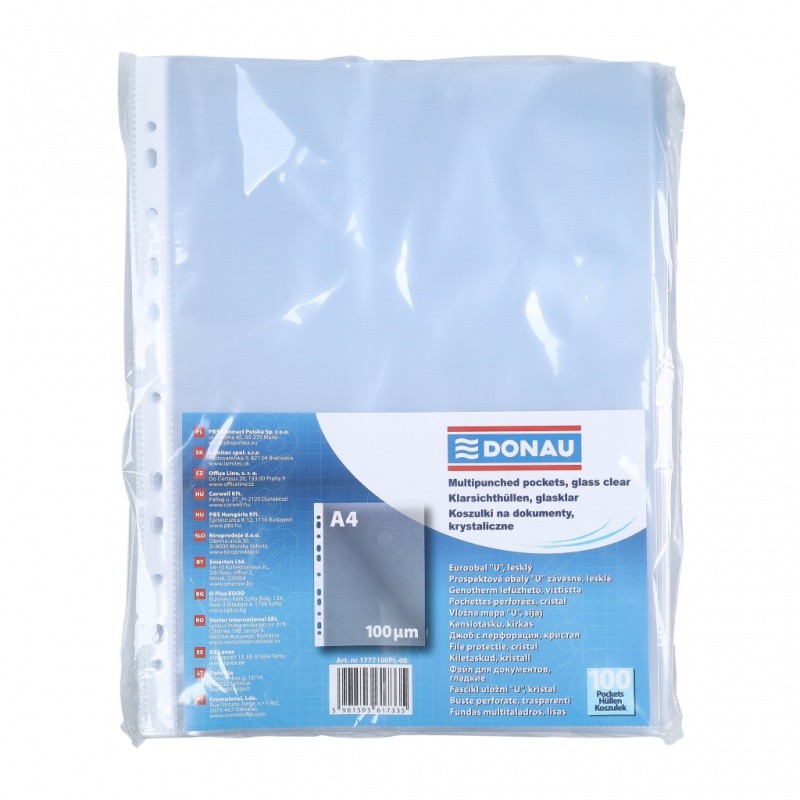 MULTIPUNCH POCKETS GLASS CLEAR, DONAU, PP, A4, 100 MIC, 100PCS, TRANSPARENT